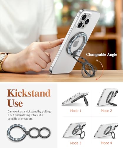 GVIEWIN Magnetic Phone Ring Holder, Compatible with MagSafe Phone Grip | Adjustable Stand, Magnet Phone Ring Kickstand, for iPhone 17/16/15/14/13/12 Pro Max Plus Air/Other Phones (Glitter/Black) - color: Glitter/Black