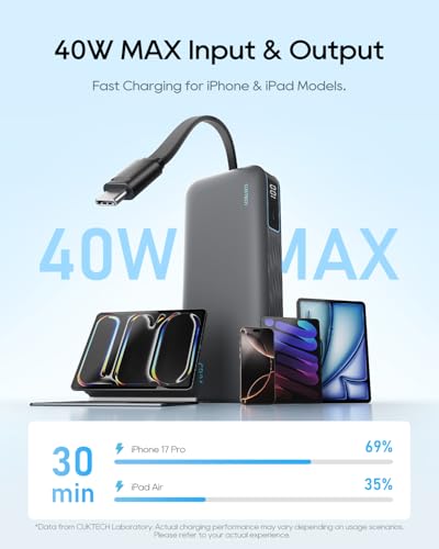 CUKTECH 20000mAh Portable Charger, 40W Power Bank, Built-in USB-C Cable - color: LPB200N-Gray