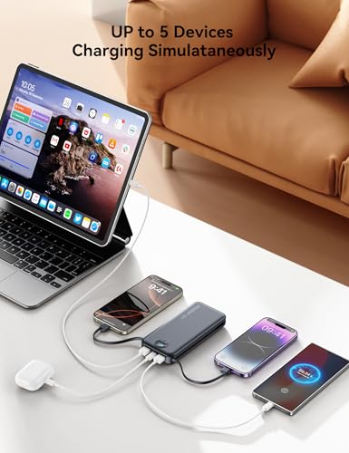 Portable Charger Power Bank 10000mAh with Built in Cables & Wall Plug - color: Pitch Black