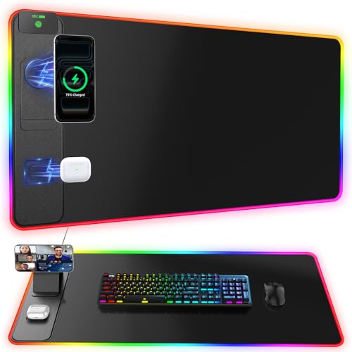 Wireless Charging Mouse Pad with Magnetic Phone Stand, 31.5"x15.8" Large - color: RGB-Mag Stand
