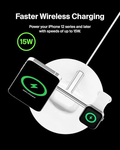 Belkin MagSafe 3 in 1 Wireless Charging Stand, 2nd Gen, 33% Faster - color: White, style: Chrome Finish