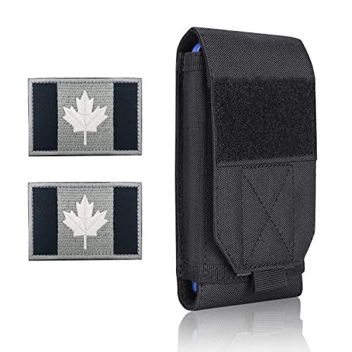 Black Tactical Molle Waterproof Cellphone Pouch Case,Heavy Duty Phone Holster Bag for iPhone 11 12 13 Pro Max Samsung S22 S21 S20 FE Note 20 A02S Less 6.7" Phone with 2 Pack Canada Flag Patch - color: Black & 2 Black/white Patch