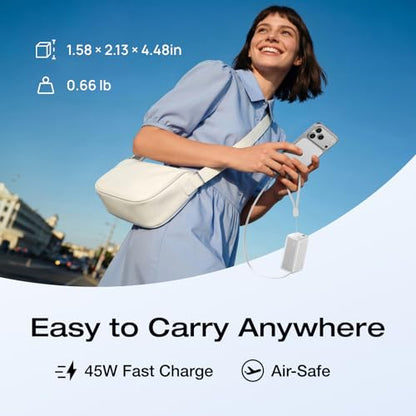 EF ECOFLOW Rapid 45W Power Bank 10000mAh Portable Charger with Built-in USB C 2.3ft Cable and USB C&A Port Travel Essential Battery Bank with Digital Display for iPhone 17/16 Series, Galaxy, ipad - color: White