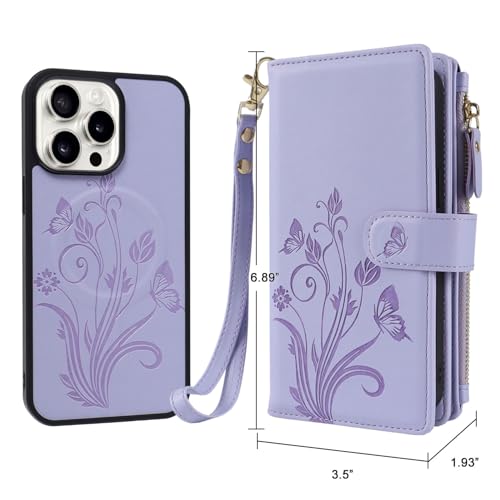 for iPhone 16e/17e Case Wallet,Compatible with MagSafe Magnetic 2 in 1 Magnetic Detachable PU Leather RFID Blocking Wallet Cover Card Holder Zipper Wrist Strap Lanyard,Floral Light Purple - color: Light Purple