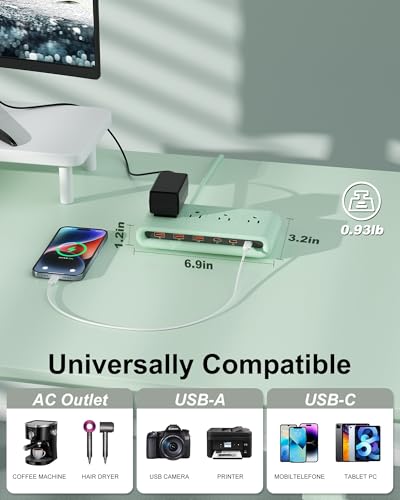Power Strip with USB Port - 4AC & 6 USB(3USB C), Outlet Extender 5FT - color: Green