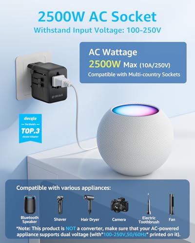“Pro” Universal Travel Adapter 3 USB-C＆ 2 USB-A Cover 200+ Countries - color: Black, size: 3C+2A 70W