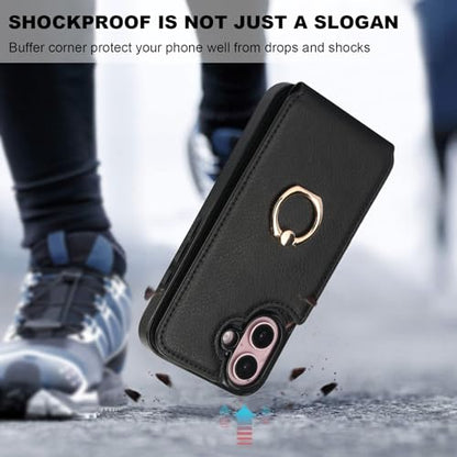 Folosu Compatible with iPhone 16 Case Wallet with Card Holder, 360°Rotation Finger Ring Holder Kickstand, RFID Blocking Leather Protective Double Buttons Shockproof Cover 6.1 Inch Black - color: Black