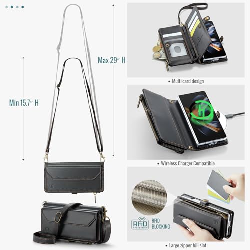 Strapurs Crossbody Wallet Case Compatible with Samsung Galaxy Z Fold 4 with RFID Blocking Card Holder & Pen Holder Slot Soft PU Leather Shoulder Strap Zipper Pocket Purse Fold 4 Phone Case, Black | RFID Blocking 5-Card Holder, Shoulder Lanyard, Wirst Stra