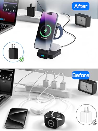 2025 Magnetic 3 in 1 Wireless Charger, Mag-safe Charger Stand Wireless Charging Station for Apple iPhone 16/15/14/13/12 series, for Apple Watch and Airpods, 18W Foldable Fast Charging Dock - Black