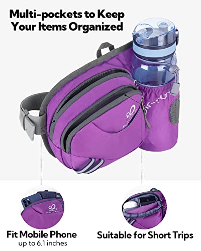 WATERFLY Fanny Pack Waist Bag: Waist Pack for Women Men with Water Bottle Holder Hiking Fanny Pack for Running Walking DogWalking Travel Cycling - color: Purple