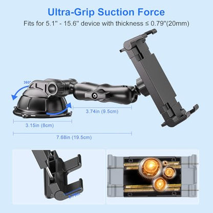 PLDHPRO Tablet Holder for Car Dashboard & Windshield, Universal iPad Car Mount Suction Cup Stand for 5.5" - 14.6" Phones & Tablets Compatible with iPhone 17/16/15, iPad, Galaxy Tab - 5.5-14.6 inch - size: 3.7 in Arm