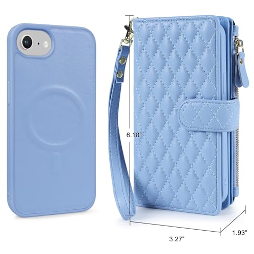 for iPhone 16e/17e Case Wallet,Compatible with MagSafe Magnetic 2 in 1 Magnetic Detachable PU Leather RFID Blocking Wallet Cover Card Holder Zipper Wrist Strap Lanyard,Quilted Blue - color: Quilted Blue