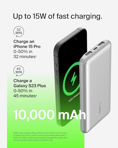 Belkin 10000mAh 15W 3 Port Power Bank, USB A to USB C Cable Included | Fast Charging, iPhone 17, Samsung Galaxy, Pixel, Airpods, iPad, Nintendo Switch 2, Battery Pack, USB C Port, USB A Port - color: Silver