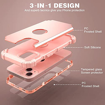 IDweel for iPhone 15 Case with Screen Protector for Women, 3 in 1 Shockproof Slim Fit Hybrid Heavy Duty Hard PC Cover Soft Silicone Bumper Full Body Case,Rose Gold - color: Rose Gold