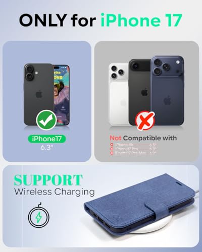 OCASE for iPhone 17 Wallet Case, Card Holder, Denim Blue | RFID Blocking, Kickstand, Magnetic Closure, PU Leather Flip Folio, Shockproof TPU Shell, Protective Phone Cover (6.3") 2025 - color: Denim Blue