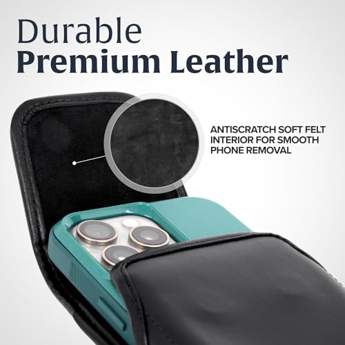 Turtleback Belt Holder for iPhone 16 Pro, 16e, 15 pro 14 Pro 13 Pro -Medium- Fits w/Shockproof Commuter Style Cases, Premium Black Leather Vertical Holster, Magnetic Closure Leather Wrapped Clip - color: Vertical - Leather w/ Leather Clip, size: Medium