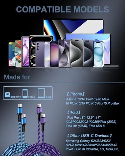 iPhone 17e 17 Pro Max Charger Cable Fast Charging, Android Charging Cable - color: 2Pack-Blue, Purple, size: 6FT, style: USB C to USB C