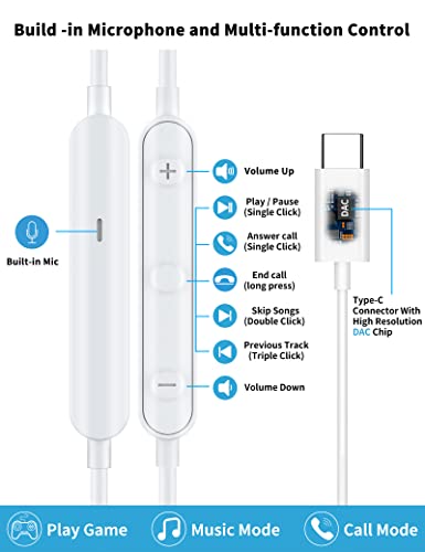 USB C Headphone for Samsung S26 S25 FE S24 A16 A17 Z Wired Earbuds Magnetic - color: White
