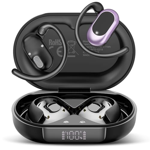 Open Ear Headphones, NEW Over Ear Earbuds with 4 ENC Noise-Canceling Mic - color: Black Purple
