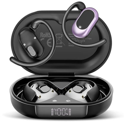 Open Ear Headphones, NEW Over Ear Earbuds with 4 ENC Noise-Canceling Mic - color: Black Purple