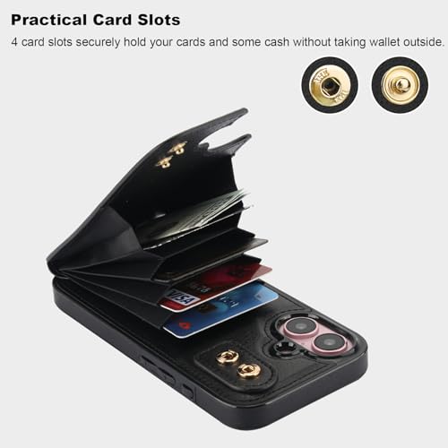 Folosu Compatible with iPhone 16 Case Wallet with Card Holder, 360°Rotation Finger Ring Holder Kickstand, RFID Blocking Leather Protective Double Buttons Shockproof Cover 6.1 Inch Black - color: Black