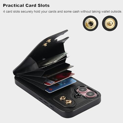 Folosu Compatible with iPhone 16 Case Wallet with Card Holder, 360°Rotation Finger Ring Holder Kickstand, RFID Blocking Leather Protective Double Buttons Shockproof Cover 6.1 Inch Black - color: Black