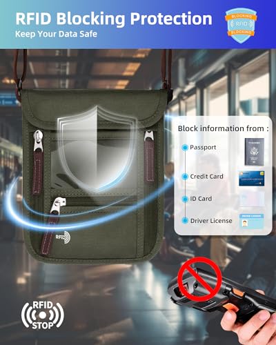 WALNEW Passport Holder Neck Pouch Travel Wallet for Women and Men, RFID Blocking Security Slim Traveling Wallet with Around Neck Lanyard Strap, Army Green - color: Army Green