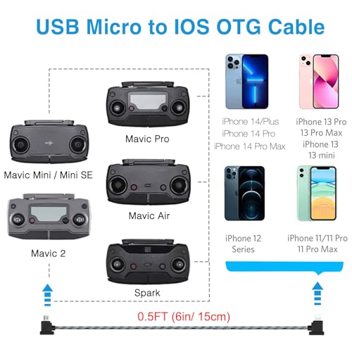 0.5FT USB Micro to iOS DJI Remote Controller Cable for IPhone14 Pro, DJI Mavic Mini(1st Gen), Mini SE, Mavic Pro, Spark, 2Pro Zoom,Mavic Air,Platinum,Phone/Tablet 90 Degree Data OTG Cord Accessorie - size: 0.5FT(6in), style: Micro to IOS