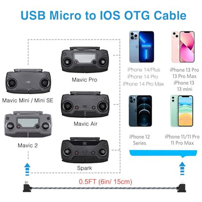 0.5FT USB Micro to iOS DJI Remote Controller Cable for IPhone14 Pro, DJI Mavic Mini(1st Gen), Mini SE, Mavic Pro, Spark, 2Pro Zoom,Mavic Air,Platinum,Phone/Tablet 90 Degree Data OTG Cord Accessorie - size: 0.5FT(6in), style: Micro to IOS