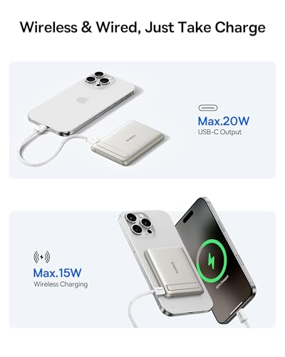 Baseus Picogo Power Bank, Smallest Qi2 Certified 15W MagSafe Portable Charger, 0.5" Ultra Slim 5000mAh Magnetic Battery Pack with Stand, Alloy Wireless Charger for iPhone 17 Pro Max/17 Air/16 Series - color: Natural Titanium