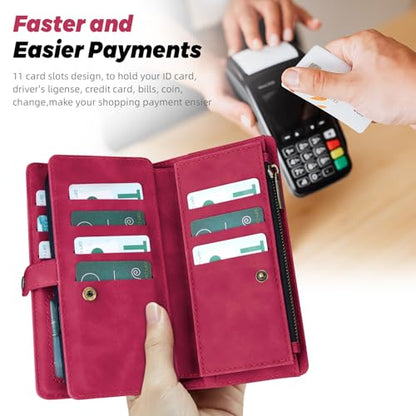 TwoHead for iPhone 11 Wallet case with 11 Card Holder (Wine Red) | Detachable Magnetic Phone Case, PU Leather Wallet for Women/Men,Wireless Charging Compatible,with Wrist Strap - color: Wine Red