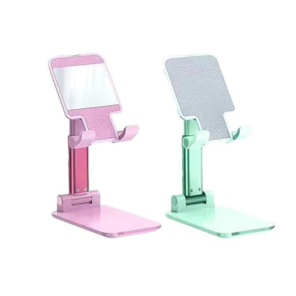 2 Pack Cell Phone Stand for Desk,Fully Foldable,Portable,Phone Holder with Silicon Pad,Angle Height Adjustable,Metal Weighted for Base,Compatible with All Mobile Phones (Pink & Green) - color: Pink & Green