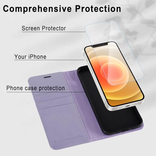 MONASAY Wallet Case Compatible for iPhone 12 mini 5G 5.4-inch,[Glass Screen Protector Included] [RFID Blocking] Flip Folio Leather Cell Phone Cover with Credit Card Holder, Lavenders - color: Lavenders