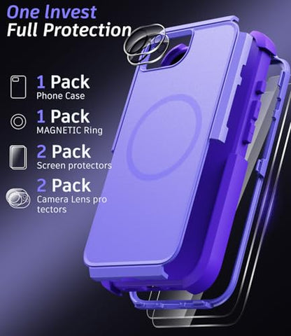 Heavy Duty Case for iPhone 17e & iPhone 16e - Military Grade Drop Proof Protective Cover [Compatible with MagSafe],with Screen Protector, Shockproof, Anti-Slip (Purple) - color: Purple