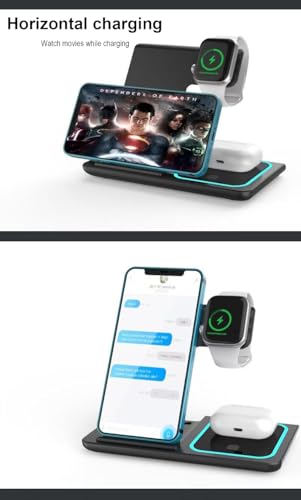3-in-1 Wireless Charging Station for iPhone, Apple Watch & AirPods, Foldable Fast Wireless Charger Stand with Night Light, 15W Qi Charging Dock