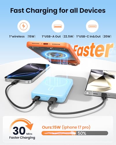 for Magsafe Battery Pack 12000mAh Magnetic Power Bank Portable Charger USB C 20W Fast Charging Wireless Charger Travel Essential for iPhone 17/6/15/14/13/12 Series Sierra Blue - color: Sierra Blue