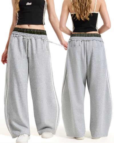 Women's Baggy Barrel Sweatpants, Double Waist Striped Wide Leg Pants - color: Grey, size: Large