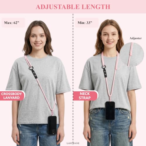 Adjustable Crossbody Phone Lanyard with Hanging Loops - color: Pink