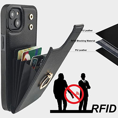 Folosu Compatible with iPhone 14 Plus Case Wallet with Card Holder, 360°Rotation Finger Ring Holder Kickstand, RFID Blocking Leather Protective Double Buttons Shockproof Cover 6.7 Inch Black - color: Black, size: iPhone 14 Plus