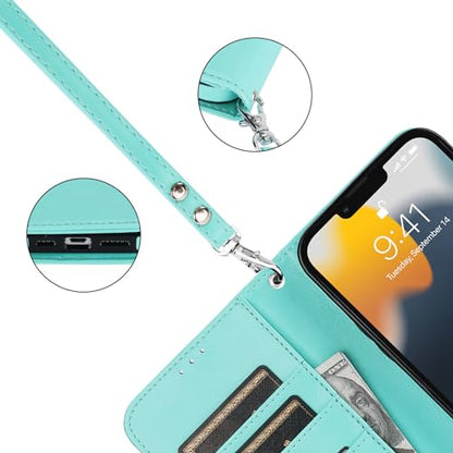 Bocasal Detachable Wallet Case Card Holder for iPhone 13 Pro Max Light Blue | RFID Blocking Kickstand Card Slots Holder PU Leather Magnetic Shockproof Wrist Strap Removable Flip Protective Cover 6.7 inch - color: Light Blue