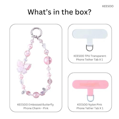 Original Design Phone Charm with 2 Tether Tabs – Stylish, Durable, and Hands-Free Phone Chain – Compatible with iPhone, Samsung, Pixel & More (11 Embossed Butterfly - Pink) - color: 11 Embossed Butterfly - Pink