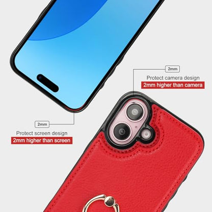 Folosu Compatible with iPhone 16 Case Wallet with Card Holder, 360°Rotation Finger Ring Holder Kickstand, RFID Blocking Leather Protective Double Buttons Shockproof Cover 6.1 Inch Red - color: Red