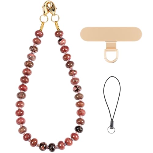 CH.yishi Beaded Phone Charm Wrist Strap with Tether Tab,Camera Lanyard - color: Red-Striped Rhodochrosite