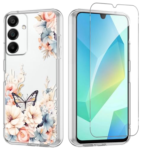 Flower Phone Case Floral for Samsung Galaxy A16 5G 6,7'' with Screen Protector, Clear Transparent Phone Cover Slim Soft Shockproof Anti-Scratch Drop Protection Funda for Girls Women, 01 - color: Flower 01, size: Samsung Galaxy A16 5G
