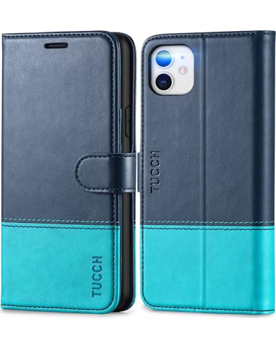 TUCCH Wallet Case for iPhone 11 6.1", 3 Card Holders, Dark Blue & Lake Blue | RFID Blocking, Viewing Stand, Shockproof TPU Shell, PU Leather, Magnetic Closure, Protective Folio Flip Cover - color: Dark Blue & Lake Blue