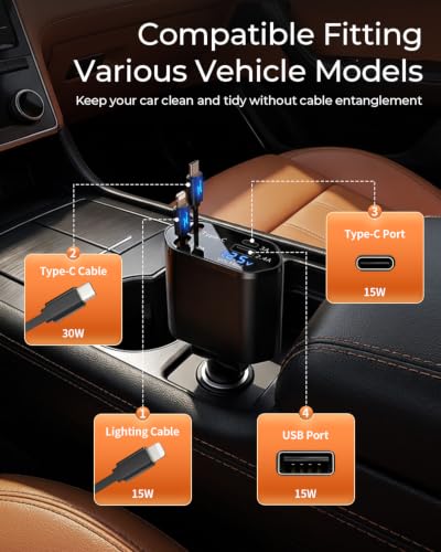 Retractable Car Charger, 4-in-1 Fast Charger with USB-C & USB-A - color: Black