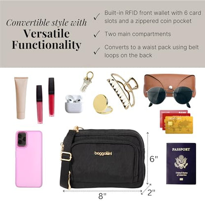Baggallini Triple Zip with Front Wallet/Trifecta RFID Wallet Crossbody - color: Black W/ Gold Hardware