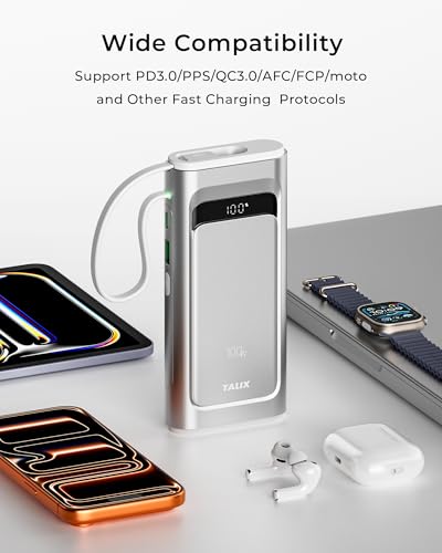 Portable Charger 100W, 10000mAh Power Bank with Built-in USB-C Cable