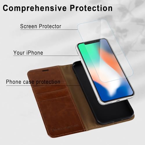 MONASAY Wallet Case for iPhone X/Xs with 3 Card Holders - Brown | Kickstand,RFID Blocking,6.6 feet of shock absorption,PU Leather,Strong Magnetic Closure,Fits 5.8 inch ONLY,screen Protector - color: Brown