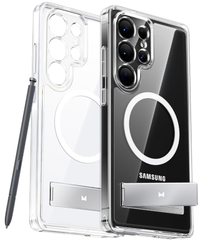 Maledan Full Camera Protection for Samsung Galaxy S25 Ultra Case with Built-in Phone Stand, Magnetic Shockproof Slim Case for Galaxy S25 Ultra 6.9", Kickstand S25 Case Fit for Magsafe, Crystal Clear - color: Clear/ Satin Silver Stand, size: for Galaxy S25